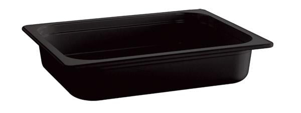Schwarze GN-Behälter aus Kunststoff.