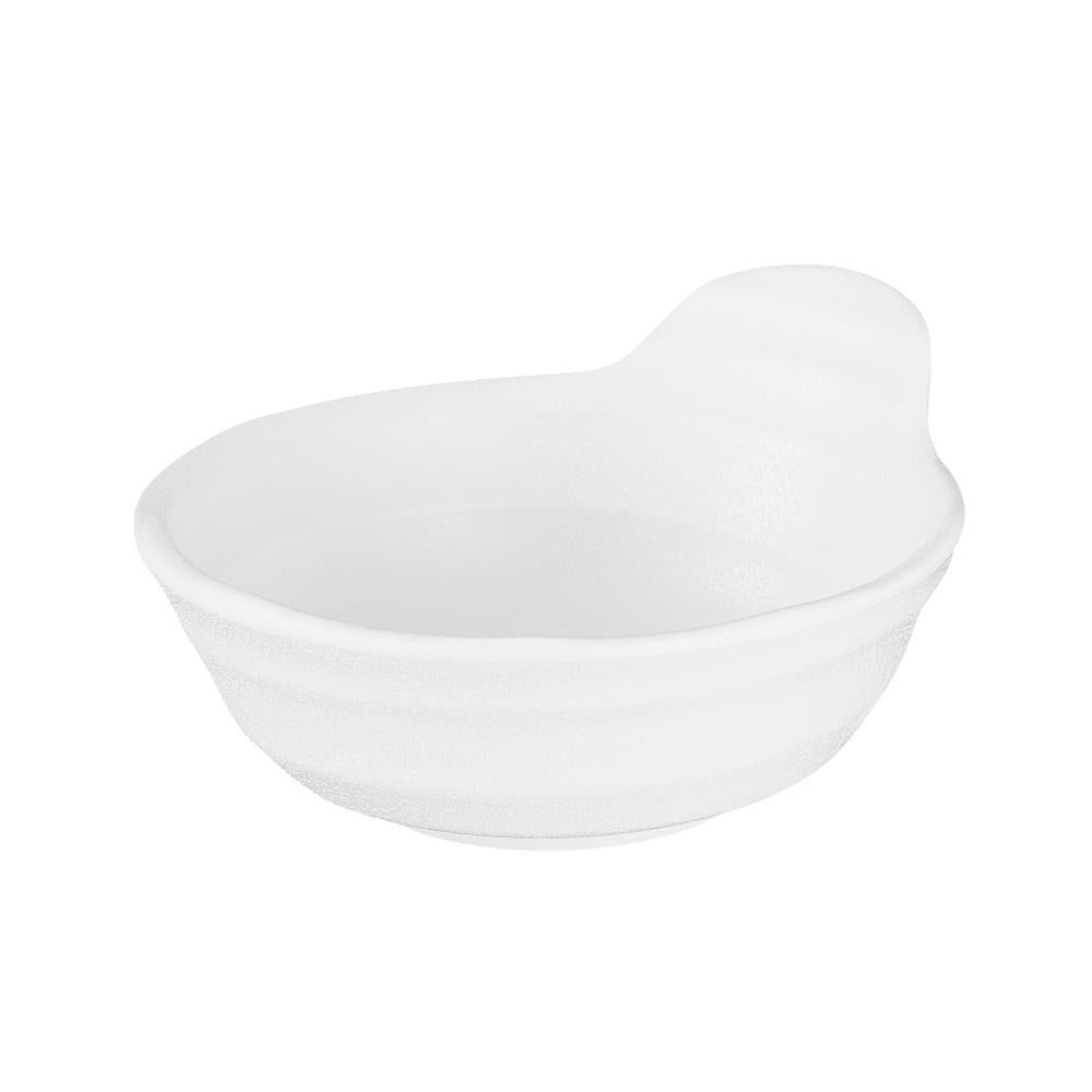 Weiße Schale mit Griff.