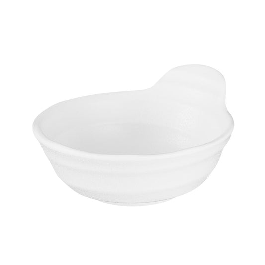 Weiße Schale mit Griff.