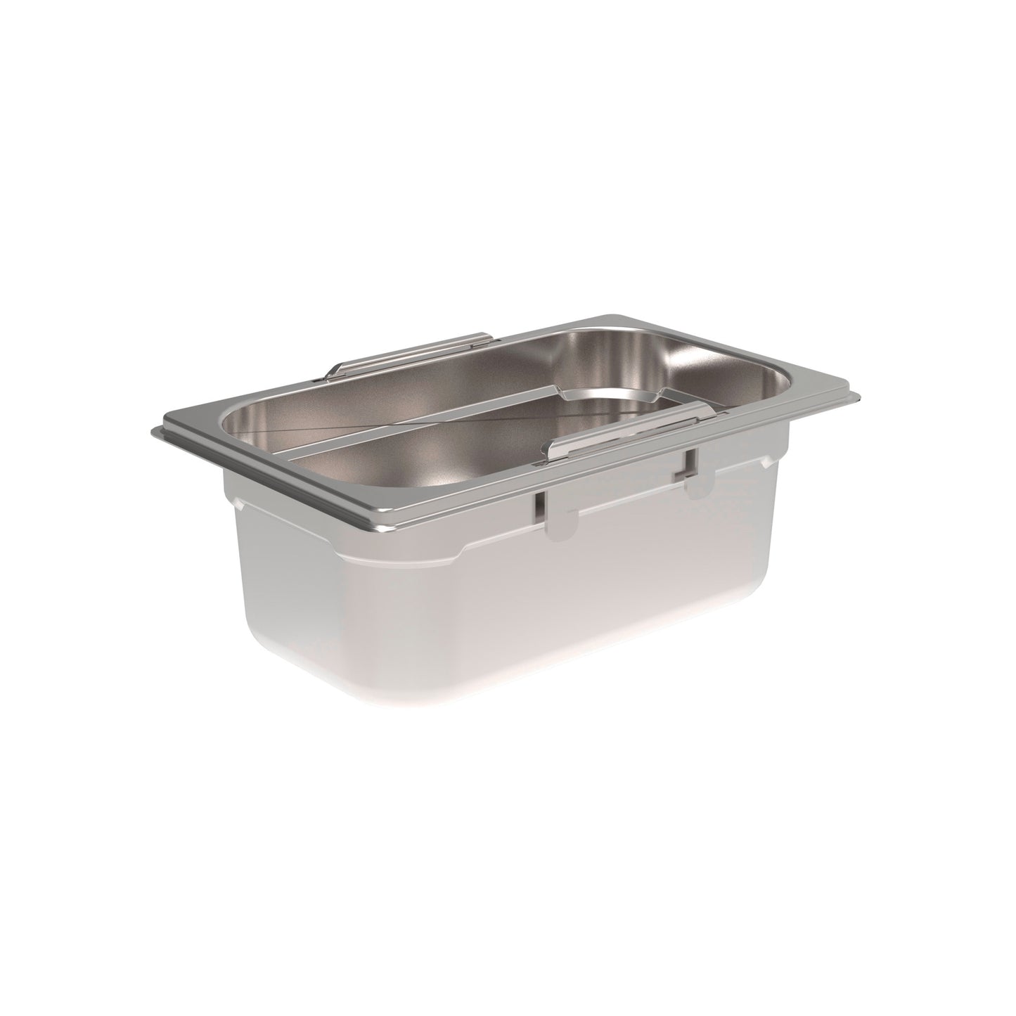 Edelstahl-Gastronormbehälter mit Deckel.
