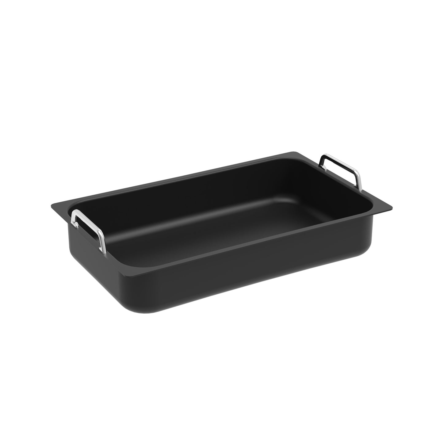 Schwarze GN-Behälter mit Griffen.