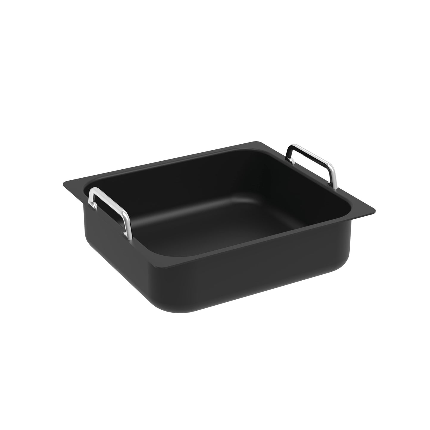 Schwarze GN-Behälter mit Griffen.