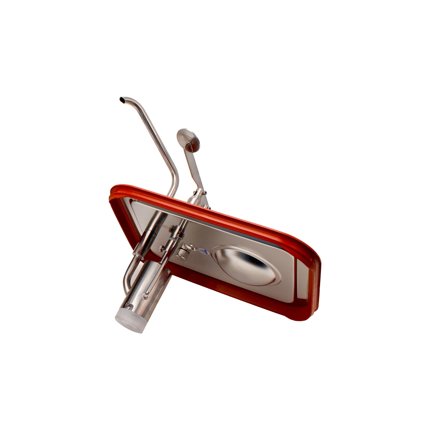 Gastronomie-Equipment, Edelstahl, roter Rahmen.
