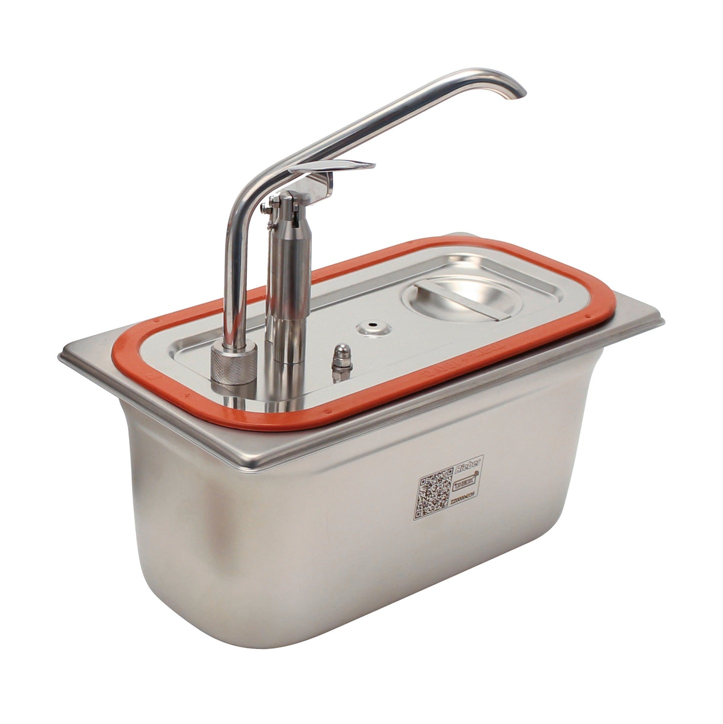Edelstahlbehälter mit Wasserhahnaufsatz.