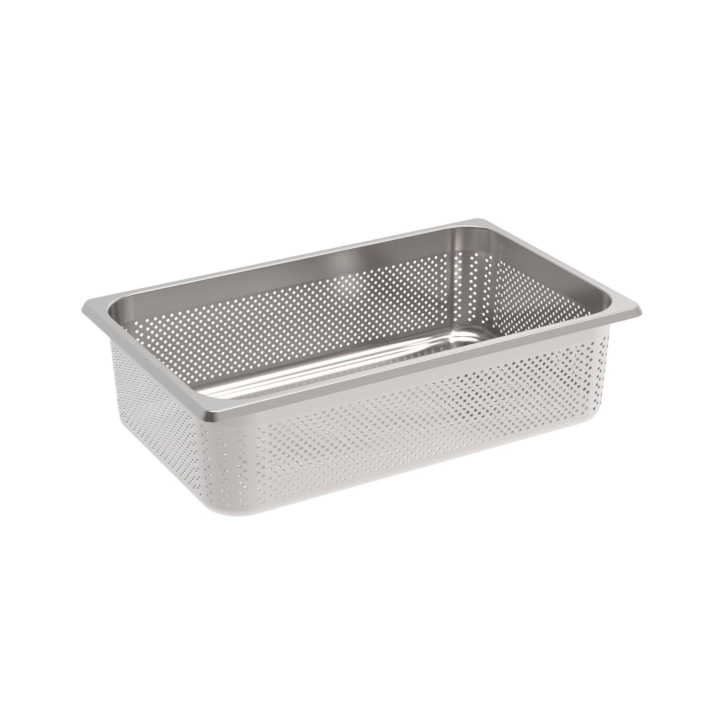 Perforierte Edelstahl-Gastronorm-Behälter.