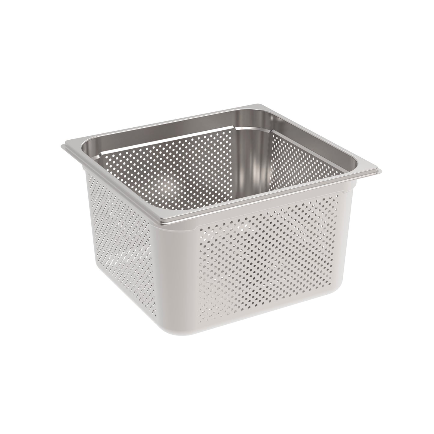 Perforierter Edelstahl-Gastronormbehälter, quadratisch.