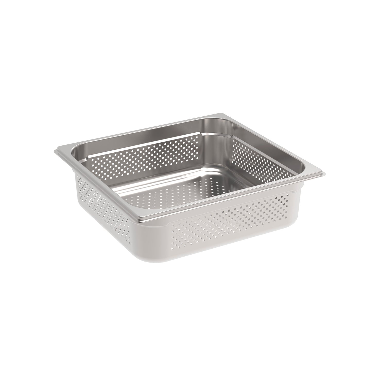 Perforierte Edelstahl-Gastronorm-Behälter.