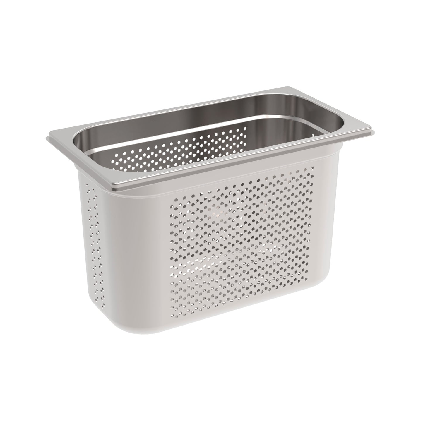 Perforierter Edelstahl-Gastronomiebehälter.