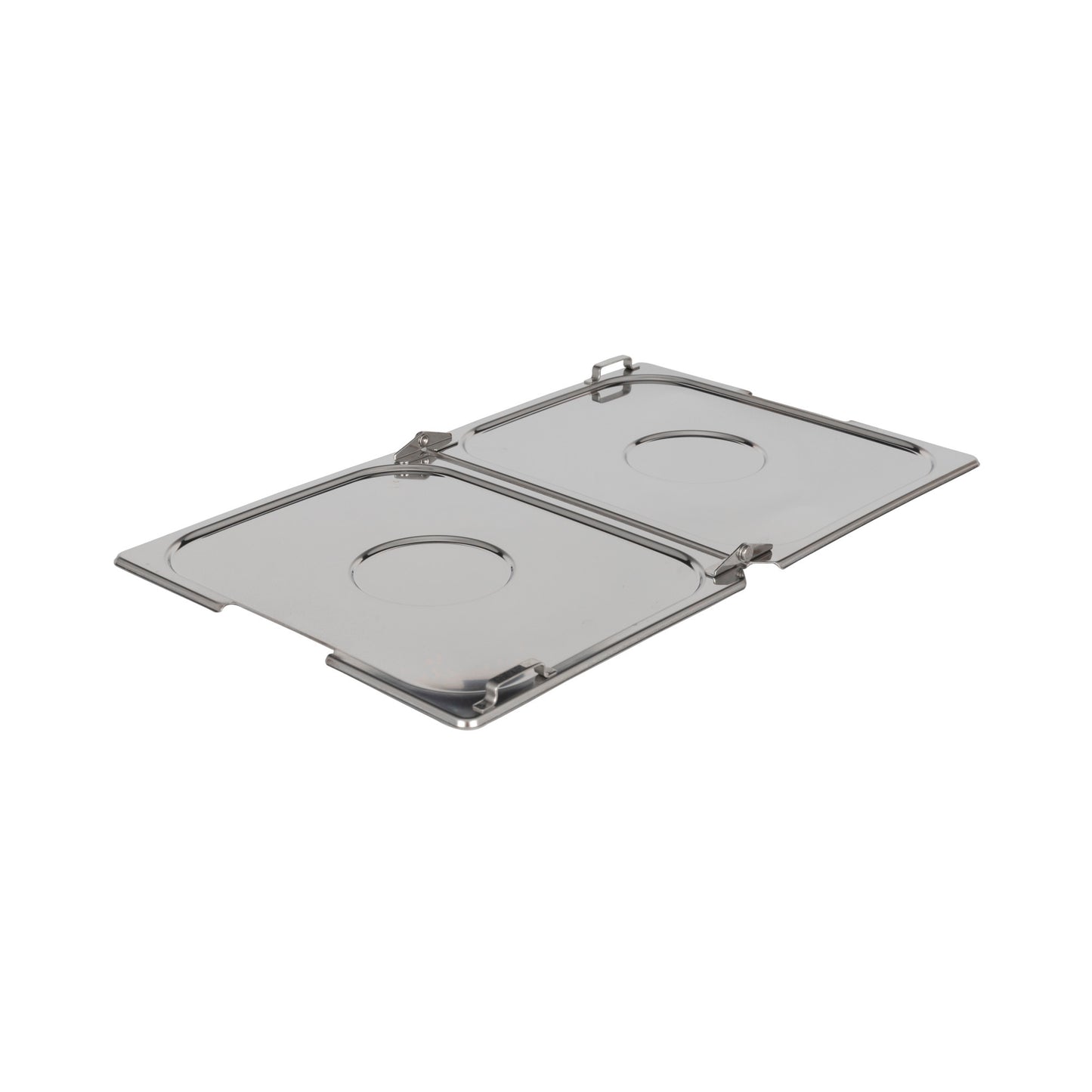 Zwei Edelstahl-Deckel mit Griffen.