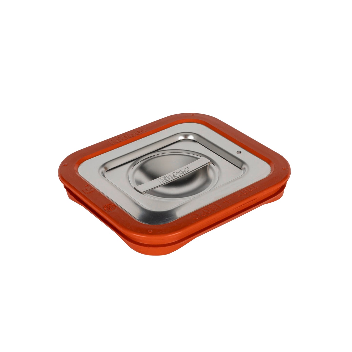 Edelstahl-Deckel mit rotem Rand.