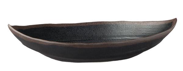 Schwarze, längliche Servierschale aus Keramik.
