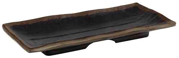 Rechteckige, schwarze Servierplatte aus Holz.
