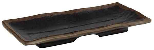 Rechteckige, schwarze Servierplatte aus Holz.