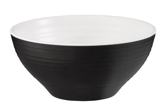 Schwarze Schüssel mit weißem Innenraum.