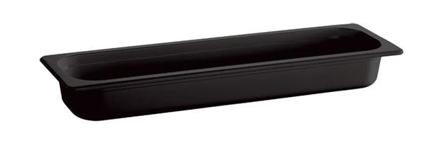 Schwarze GN-Behälter aus Kunststoff.