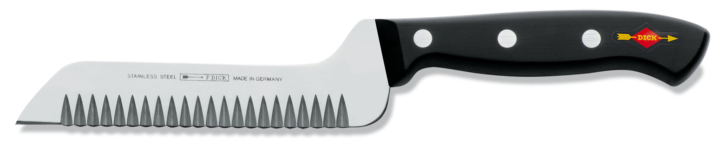 Gezacktes Messer mit schwarzem Griff.