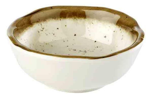 Keramikschale mit braunem Rand.