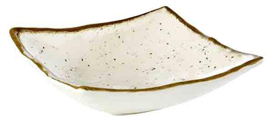 Quadratische, beige Schale mit Sprenkeln.