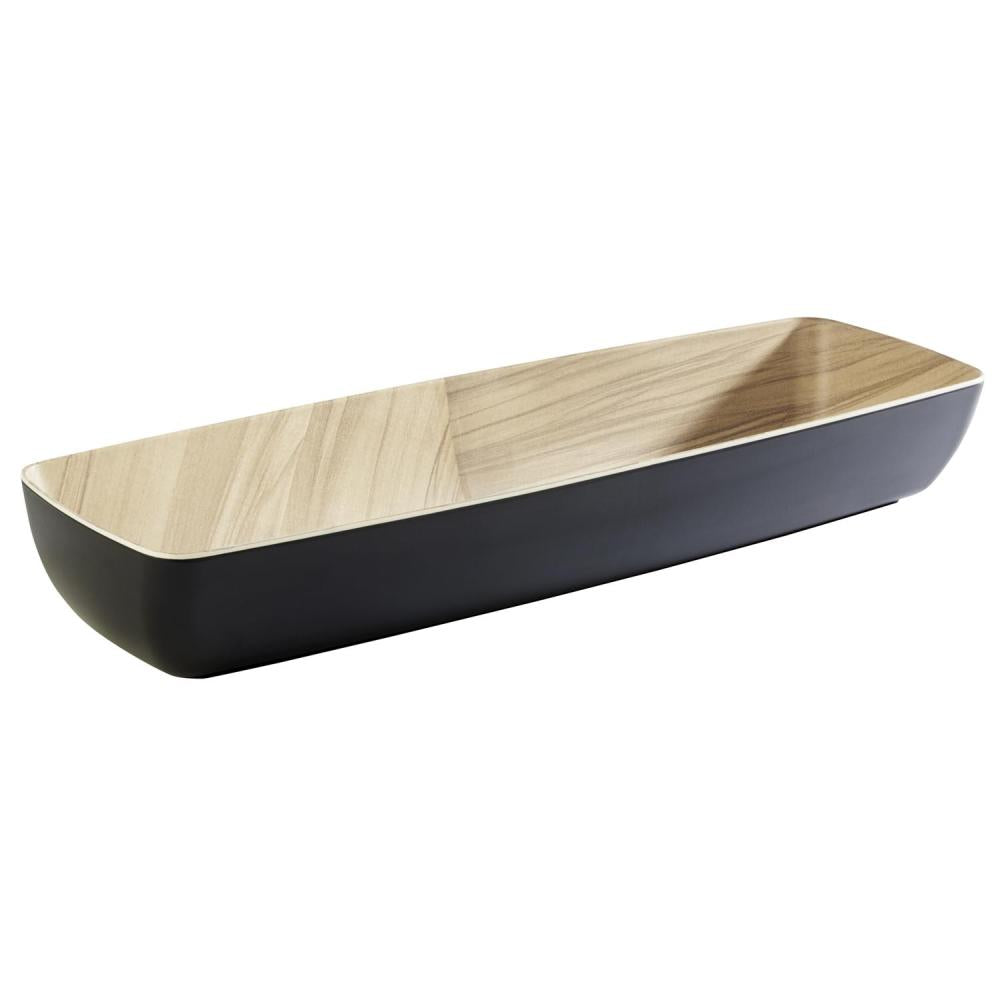 Rechteckige Holzschale mit schwarzem Rand.