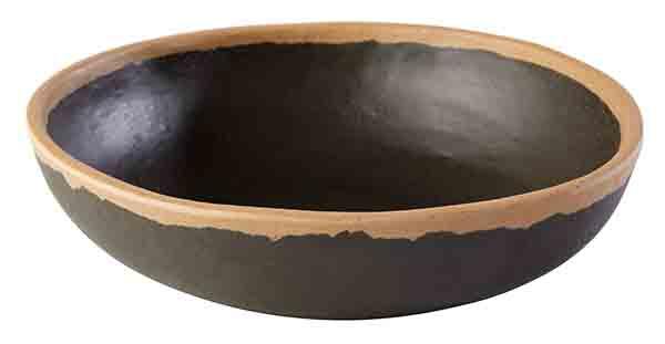 Schwarze Schale mit braunem Rand.