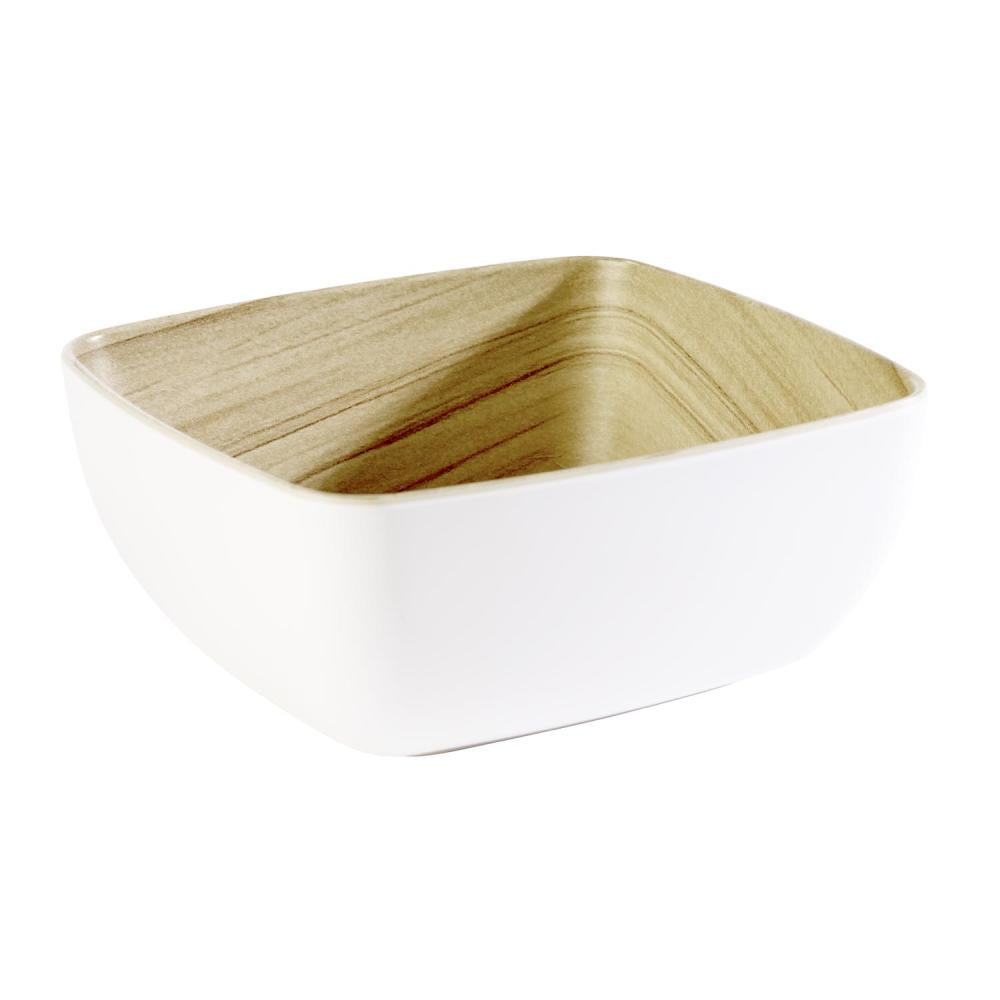 Weiße, quadratische Schüssel, Holzoptik.