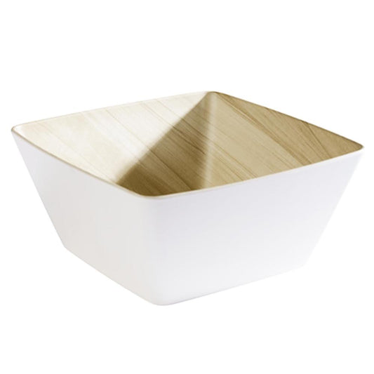 Weiße, quadratische Schüssel, Holzoptik.