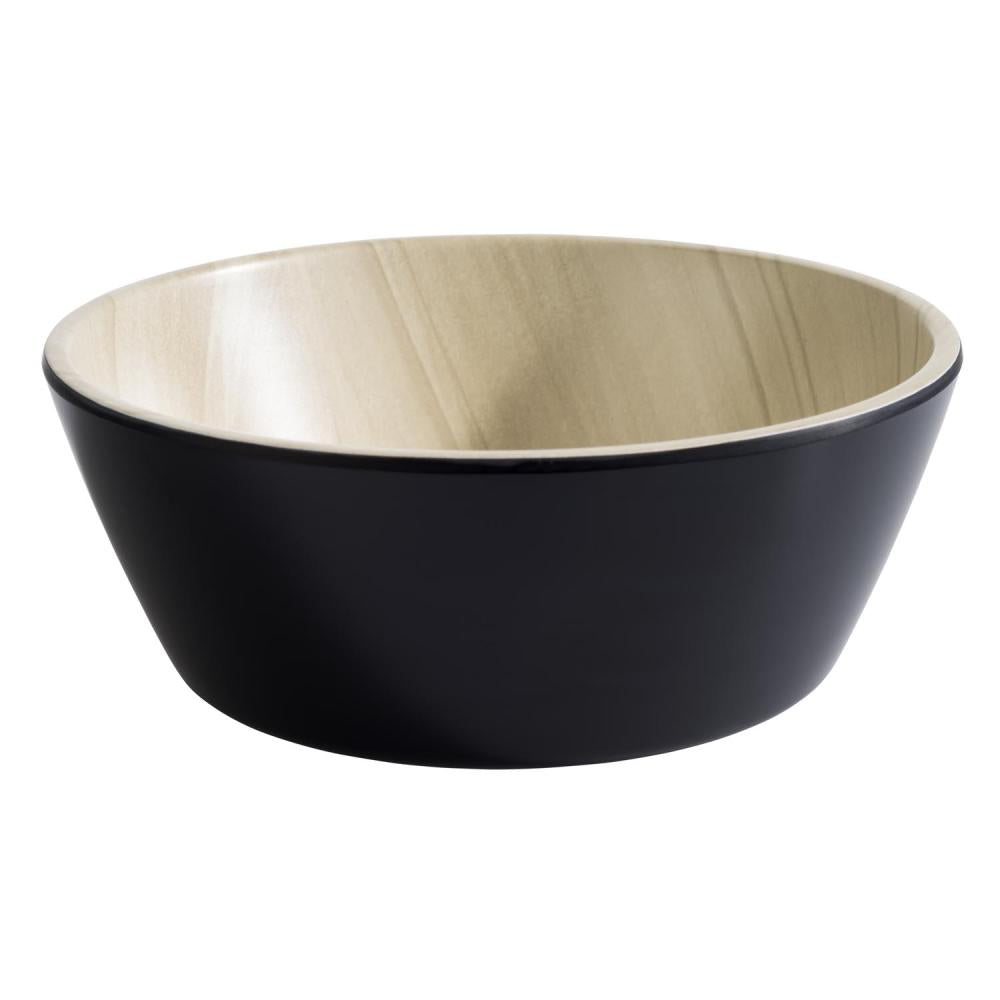 Schwarze Schüssel mit Holzoptik innen.