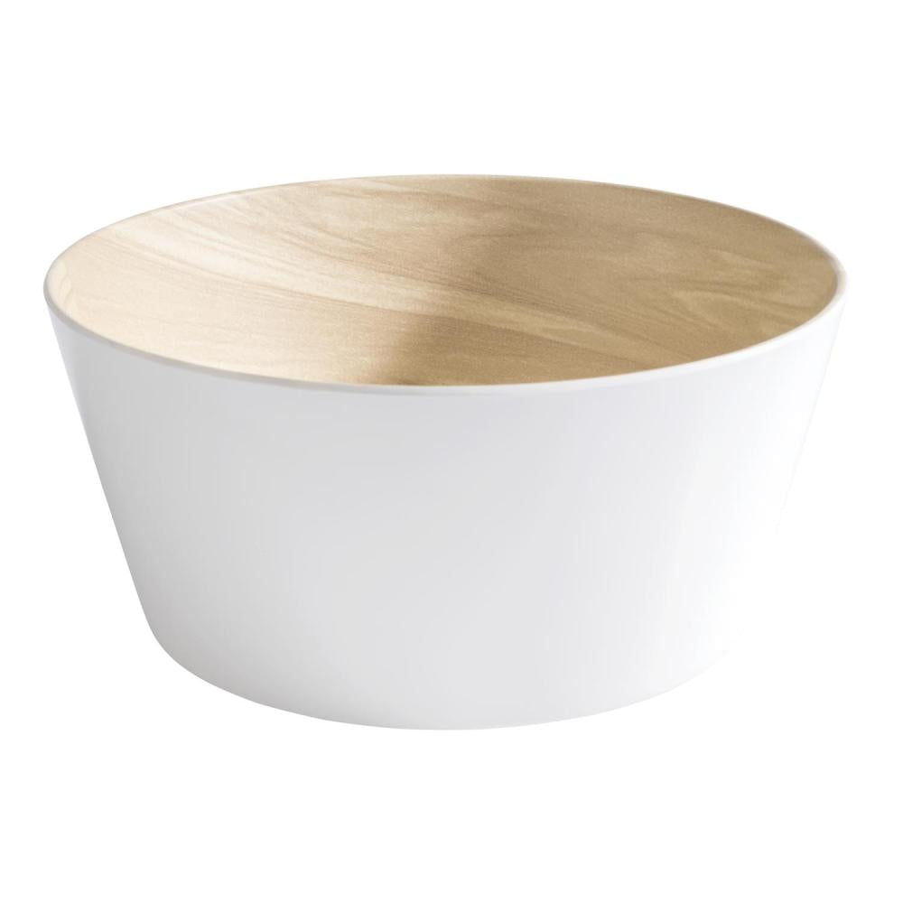 Weiße Schüssel mit Holzoptik-Innenraum.