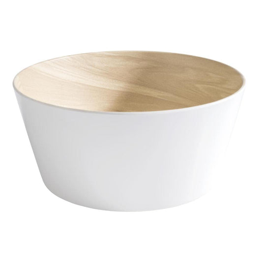 Weiße Schüssel mit Holzoptik-Innenraum.