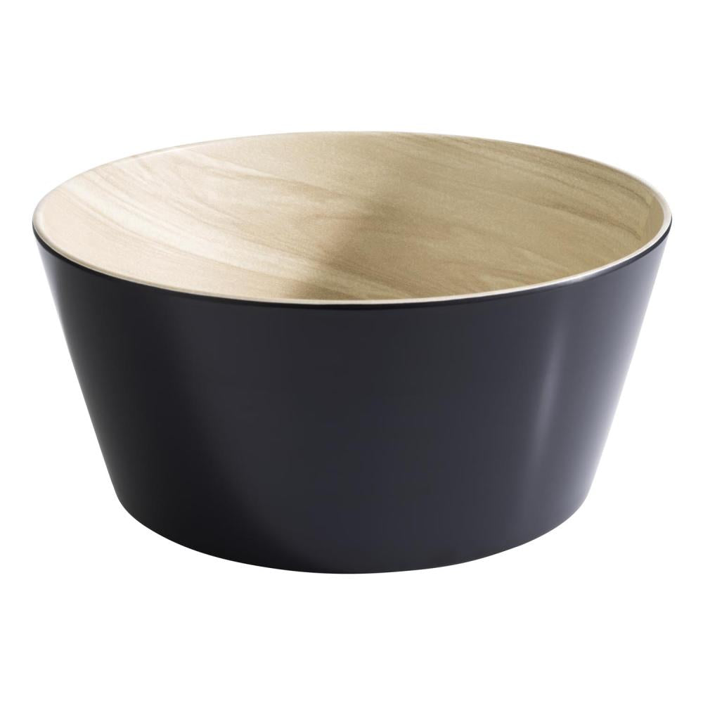 Schwarze Schüssel mit Holzoptik-Innenraum.