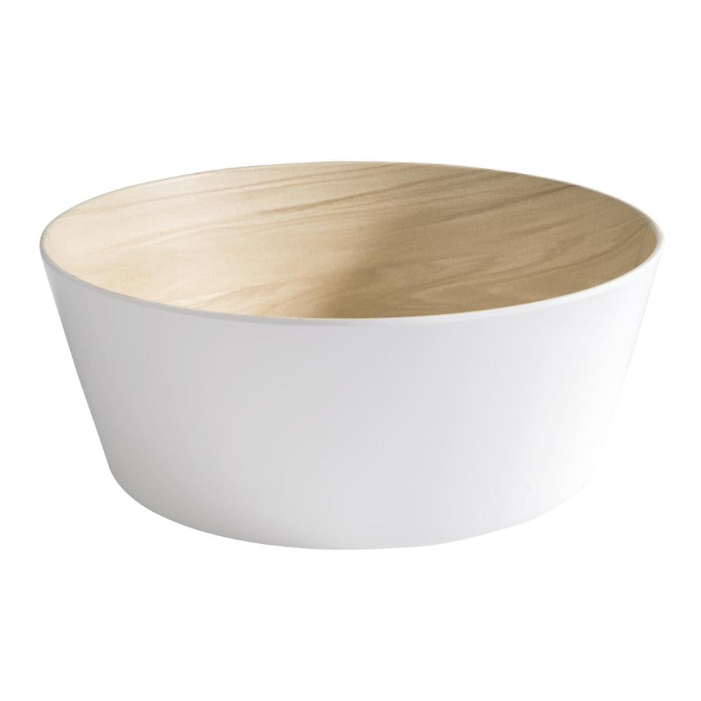 Weiße Schüssel mit Holzoptik-Innenraum.