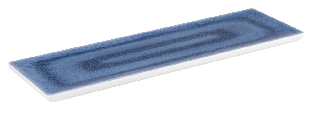 Blau-weiße rechteckige Servierplatte.