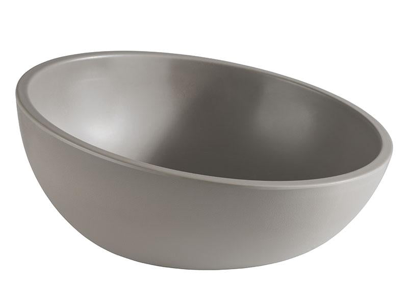 Graue, ovale Schüssel aus Melamin.