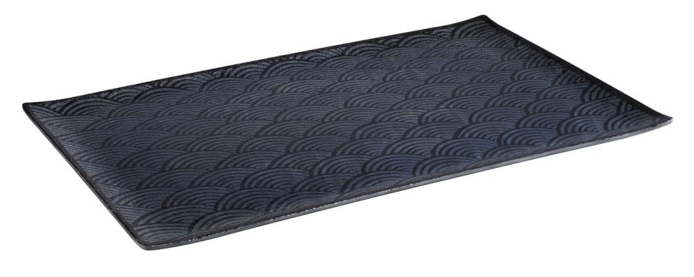 Rechteckige schwarze Servierplatte mit Muster.