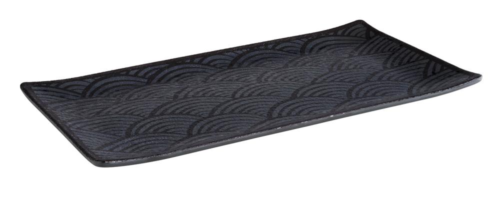 Rechteckige schwarze Servierplatte mit Muster.