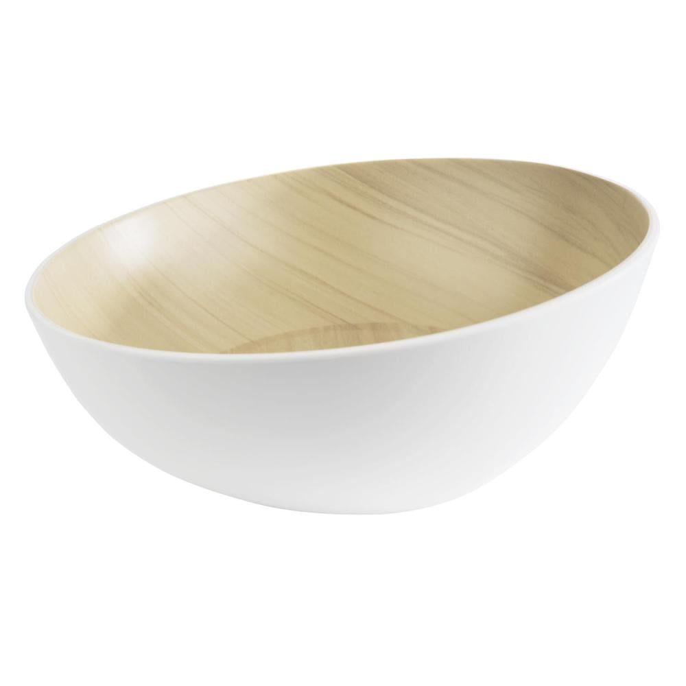 Weiße Schüssel mit Holzoptik-Innenraum.