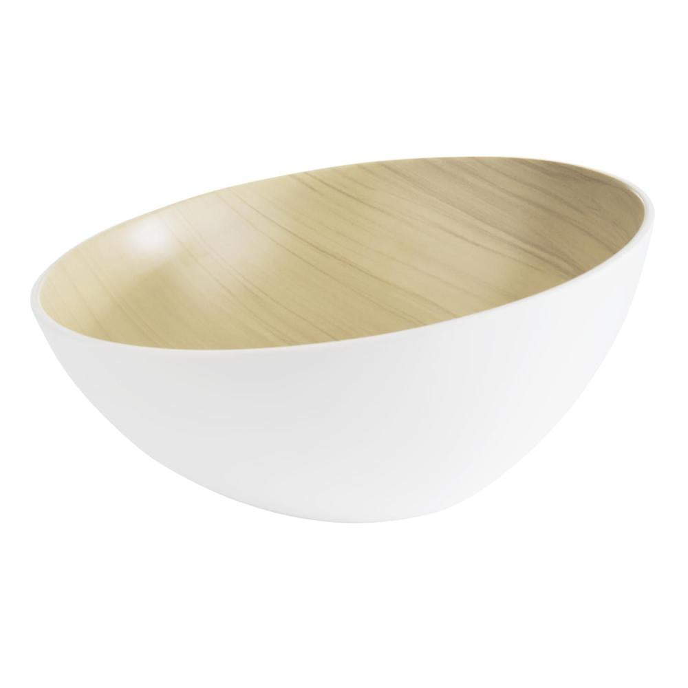 Weiße Schüssel mit Holzoptik-Innenraum.
