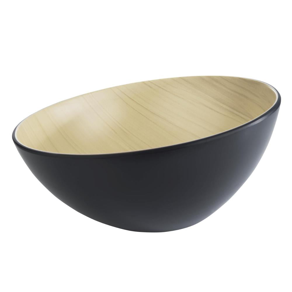 Schwarze Schüssel mit Holzoptik innen.