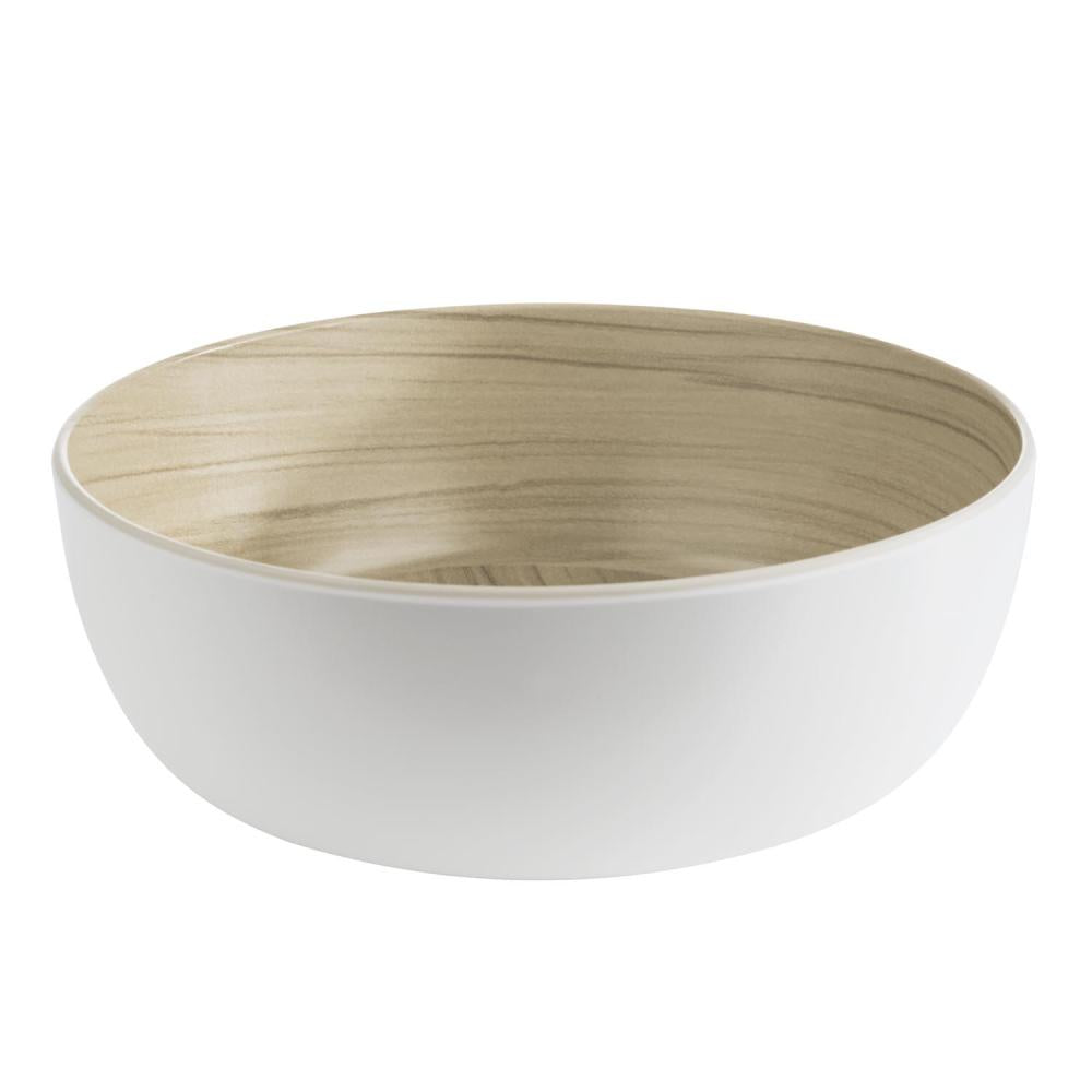 Weiße Schüssel mit Holzoptik-Innenfläche.