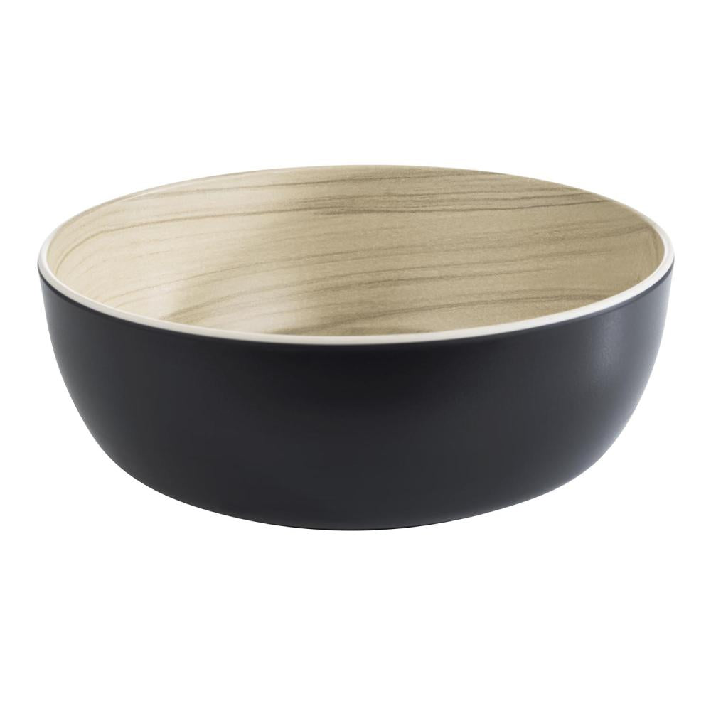 Schwarze Schüssel mit Holzoptik-Innenfläche.
