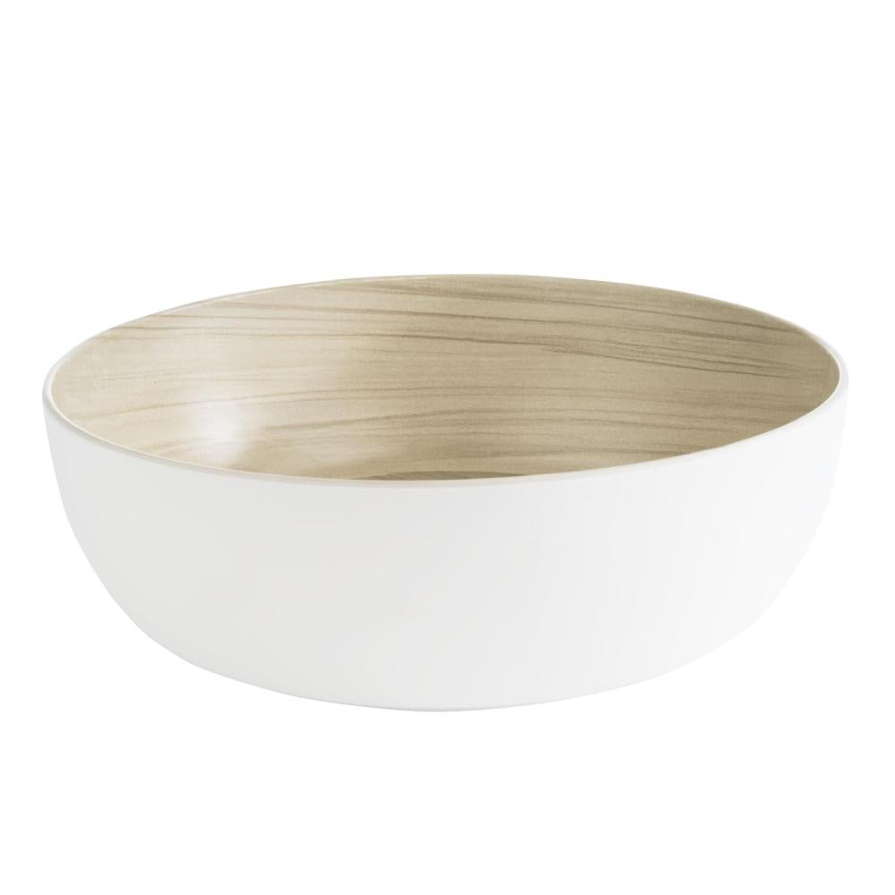 Weiße Schüssel mit Holzoptik-Innenfläche.