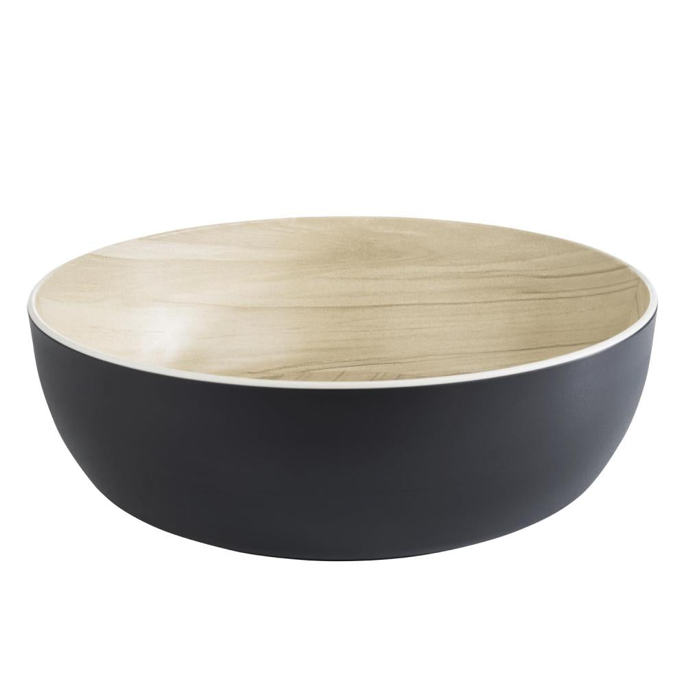 Schwarze Schüssel mit Holzoptik-Innenraum.