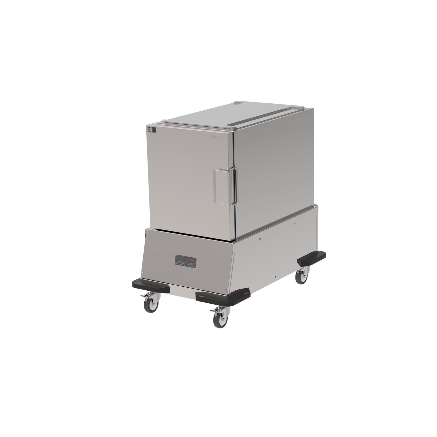 Mobiler Edelstahl-Gastronomie-Transportbehälter auf Rollen.