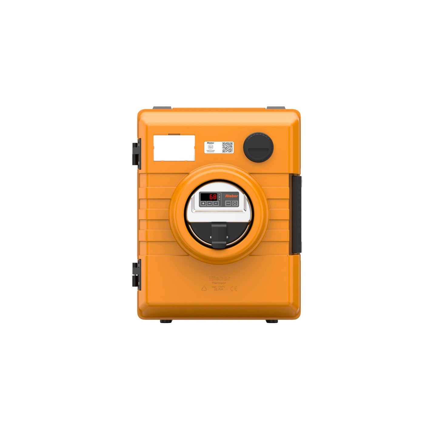 Orange Thermobox mit Temperaturanzeige.