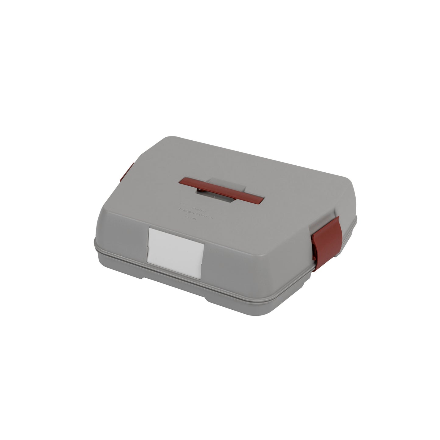 Graue Transportbox mit rotem Verschluss.