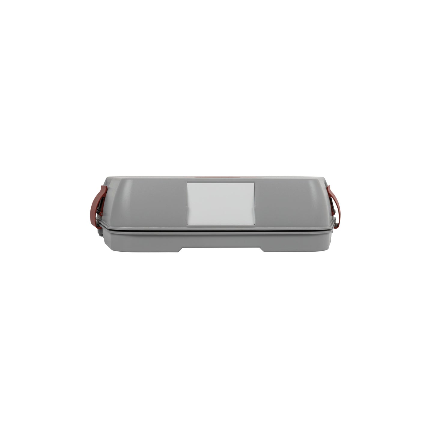 Graue Transportbox mit rotem Verschluss.