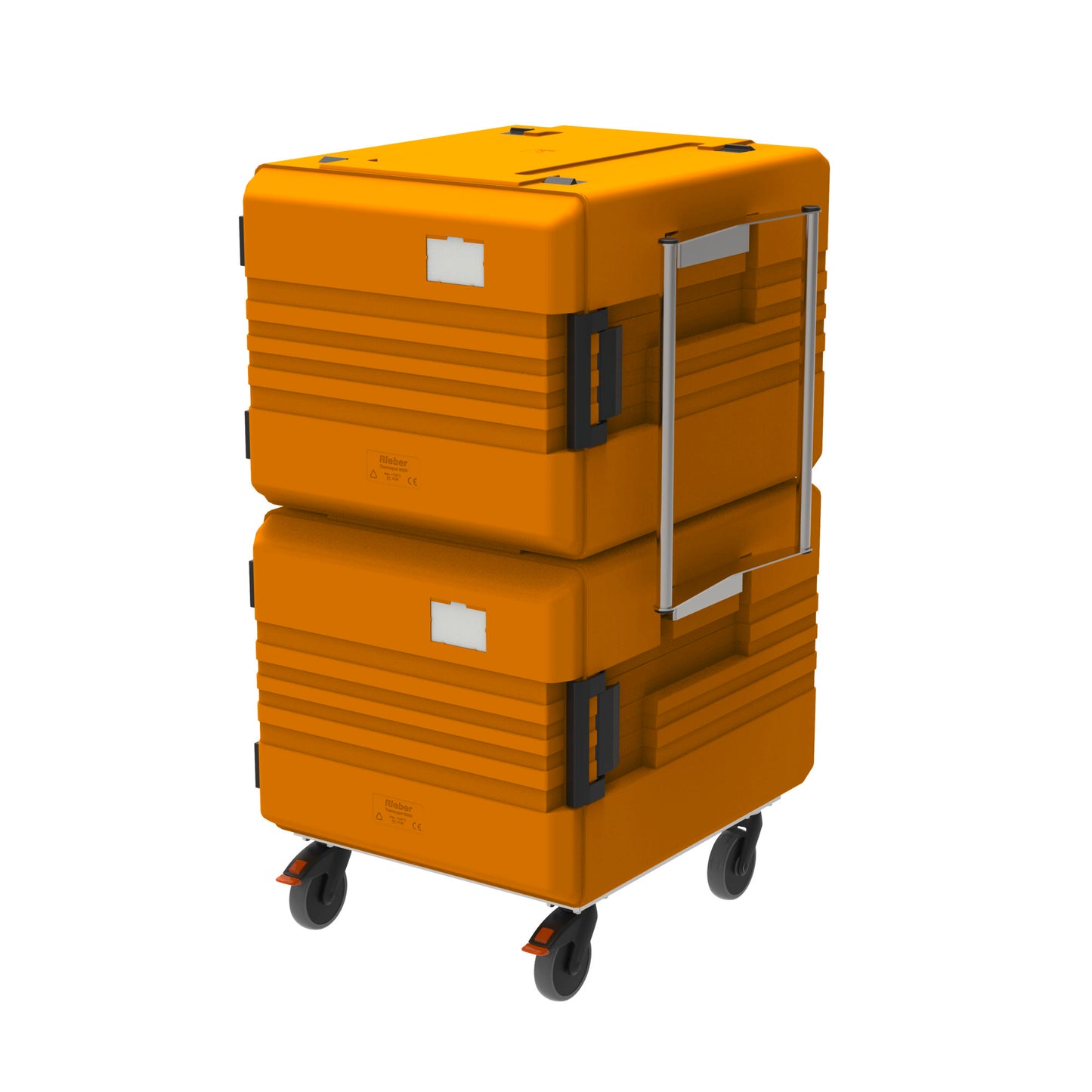 Zwei gelbe Transportbehälter auf Rollen.