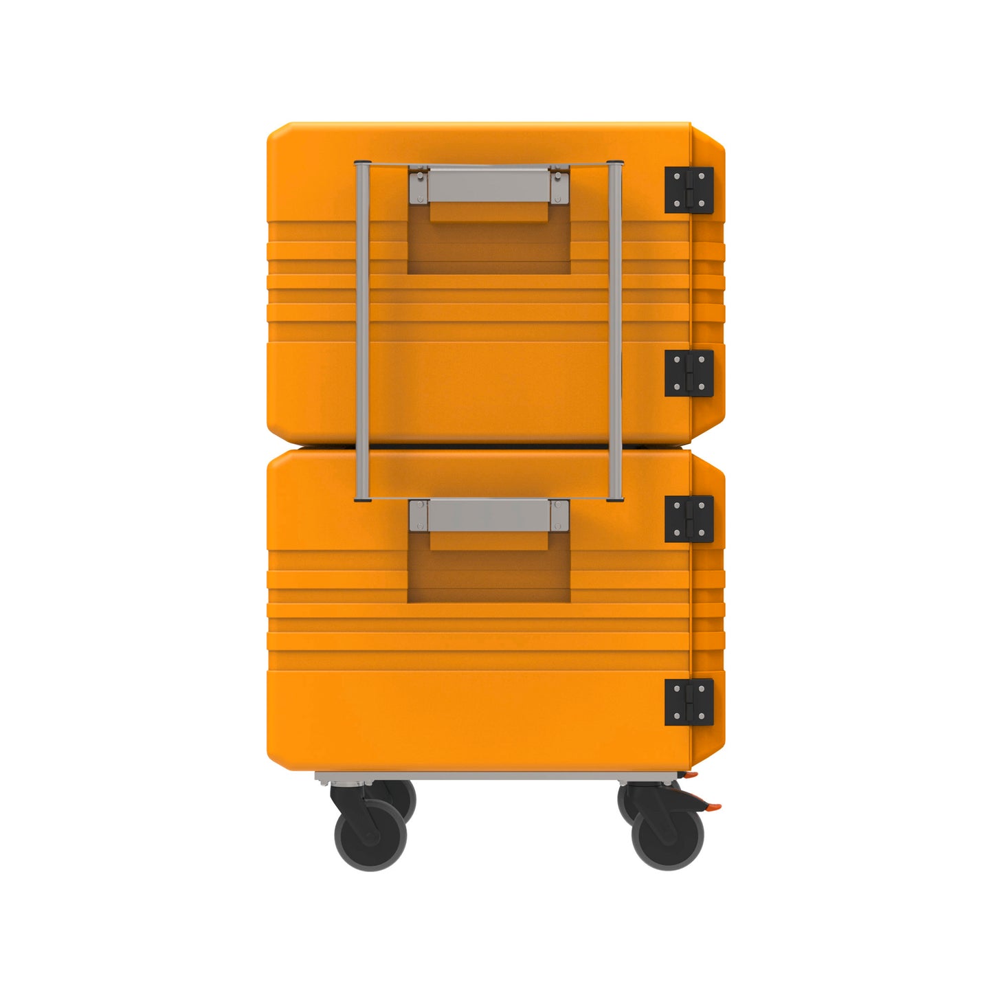 Zwei gelbe Transportbehälter auf Rollen.