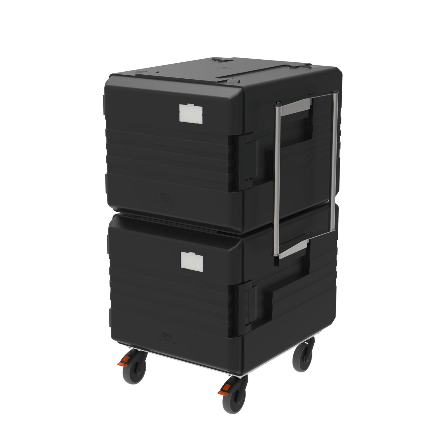 Schwarze Transportboxen auf Rollen.