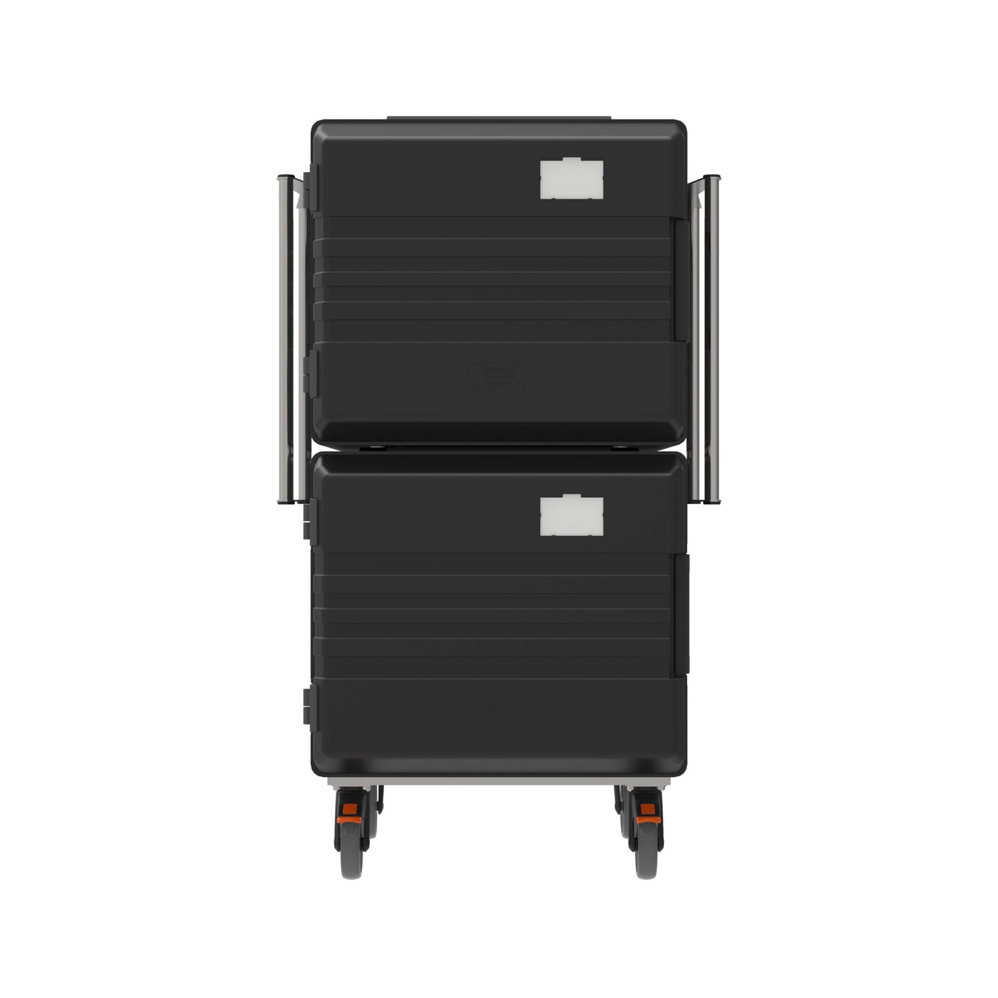 Schwarze Transportboxen auf Rollen.